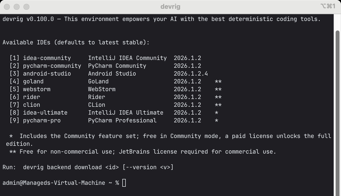 devrig backend download list in iTerm2 with JetBrains Mono