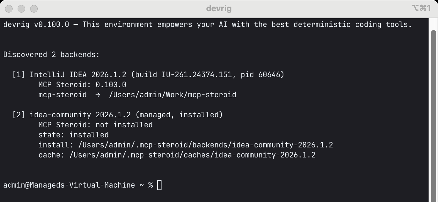 devrig backend discovery in iTerm2 with JetBrains Mono