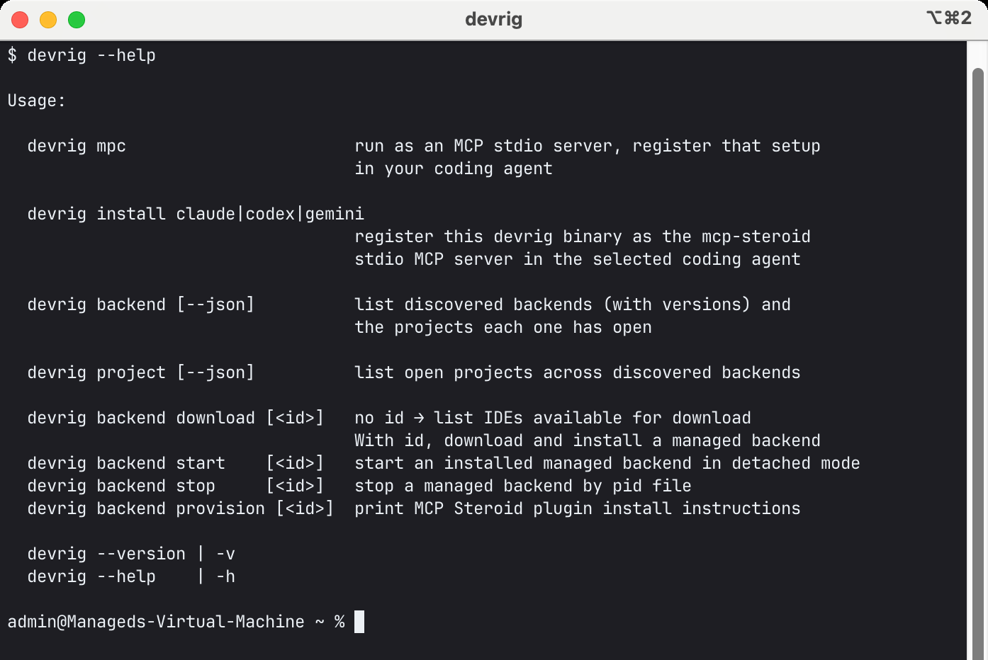 devrig --help in iTerm2 with JetBrains Mono