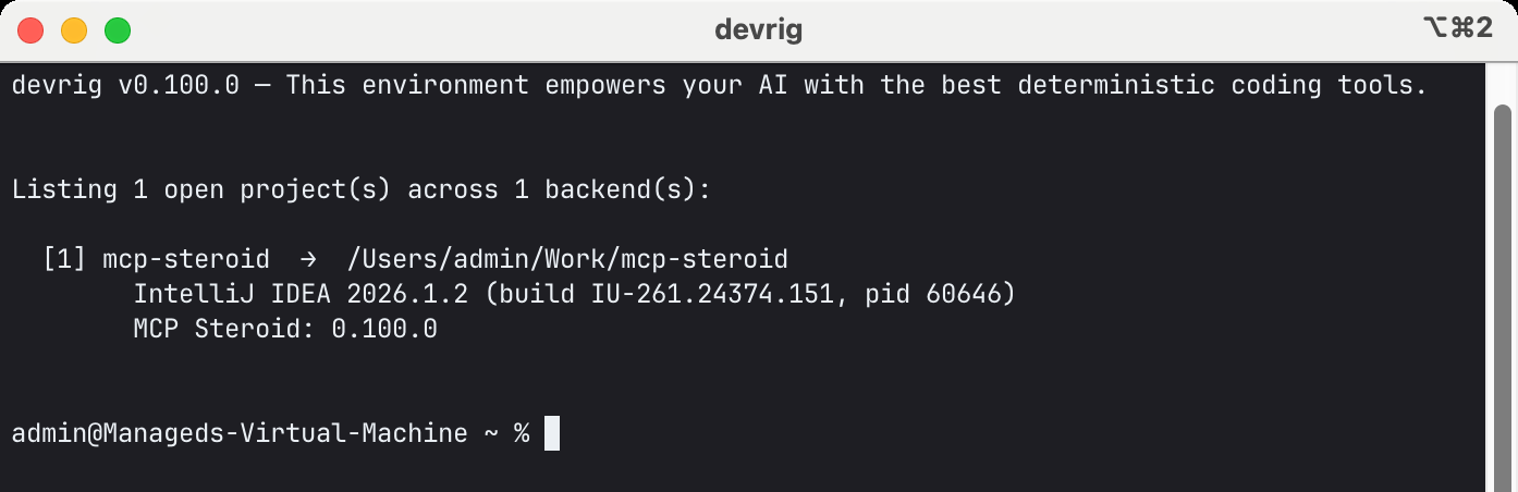 devrig project listing in iTerm2 with JetBrains Mono