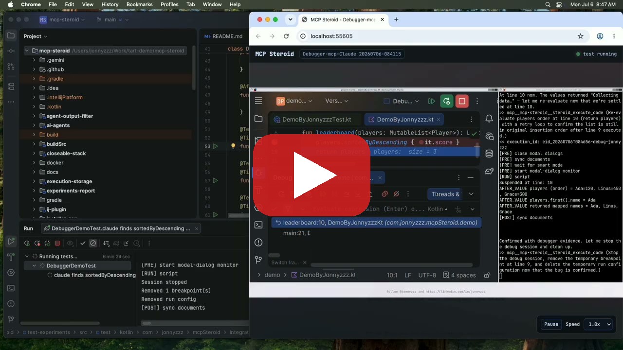 A full IntelliJ IDEA running in Docker, its live screen streamed into a browser tab while an AI 
Agent drives the debugger